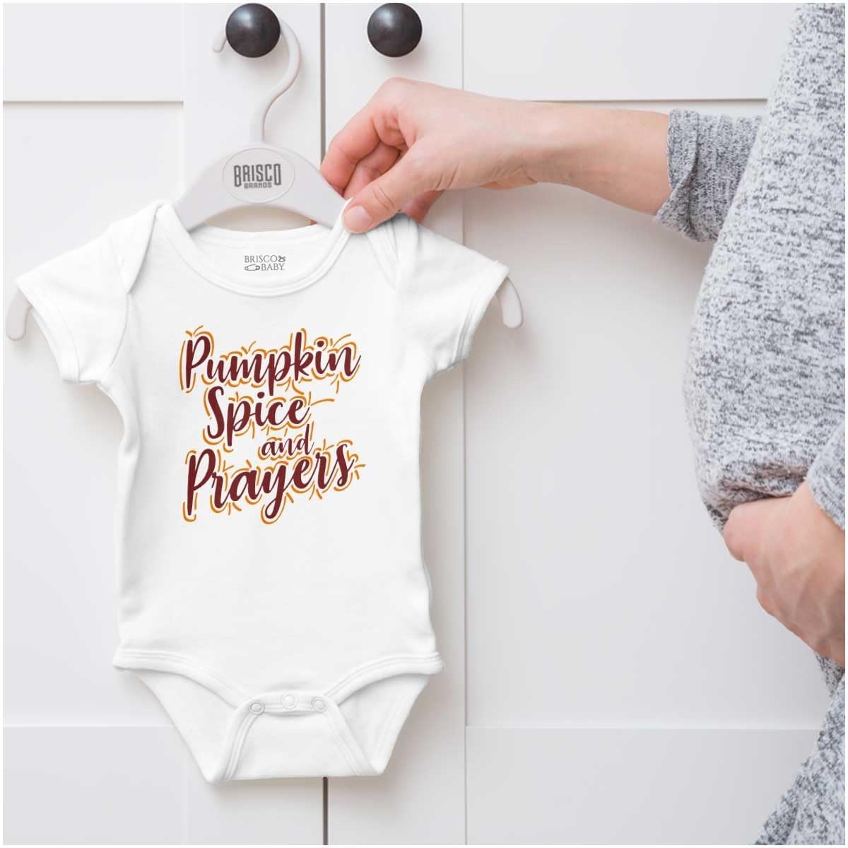 image:imageBrisco Brands Cute Fall Pumpkin Spice and Prayers Baby Bodysuit Jumper GirlsWhite