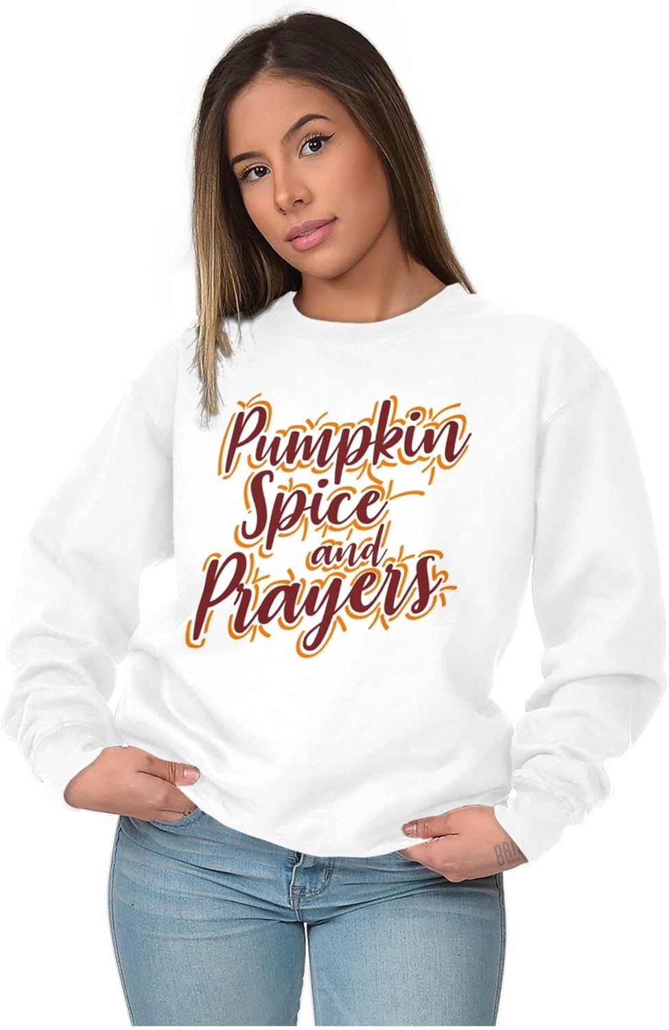 image:imageBrisco Brands Cute Fall Pumpkin Spice and Prayers Women Crewneck SweatshirtWhite