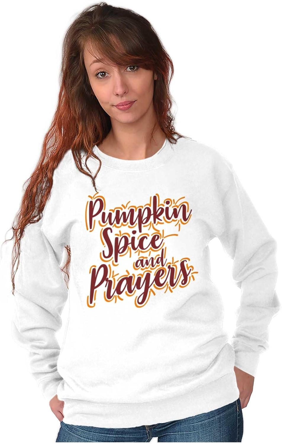 image:imageBrisco Brands Cute Fall Pumpkin Spice and Prayers Women Crewneck SweatshirtWhite
