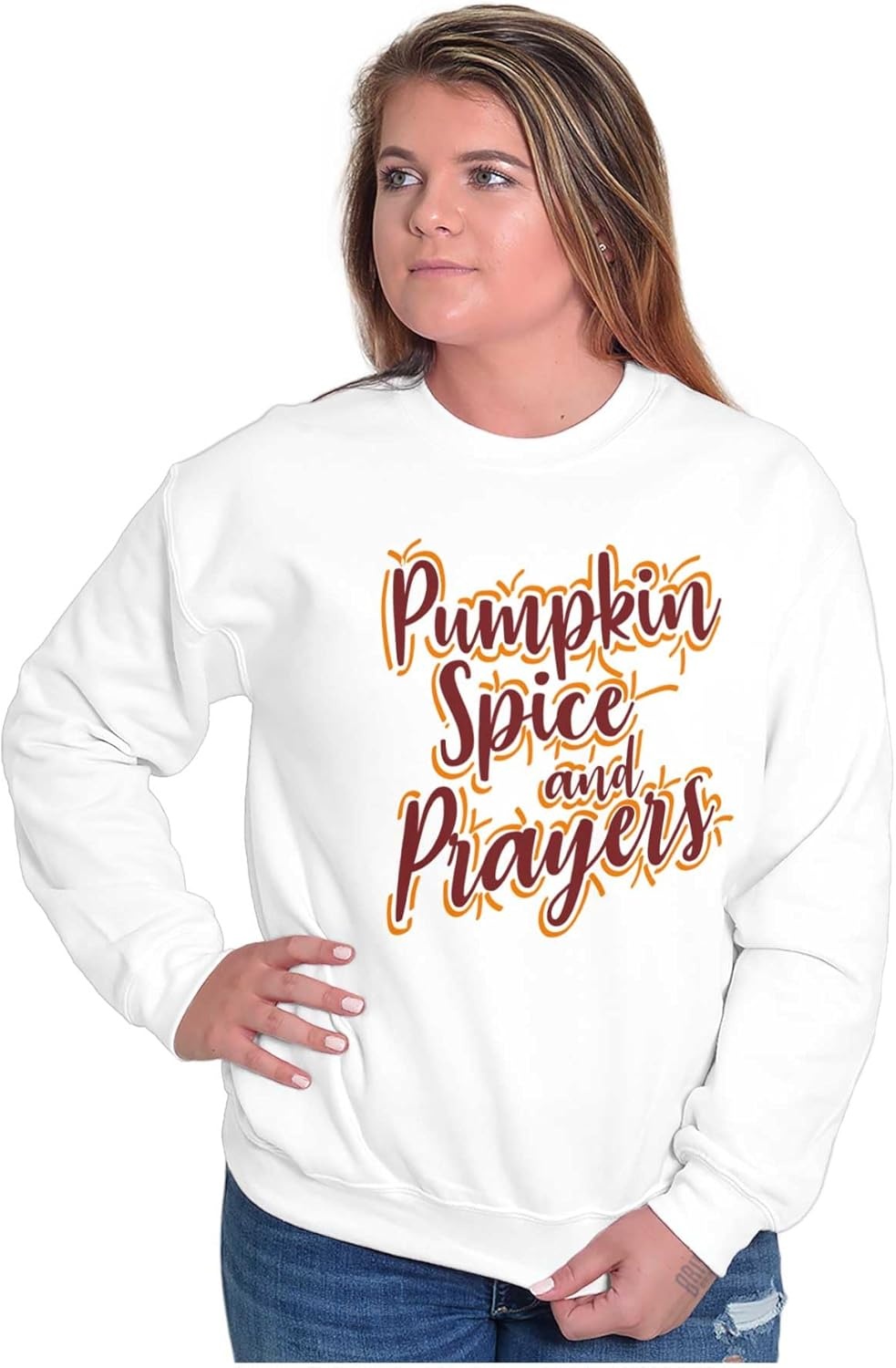 image:imageBrisco Brands Cute Fall Pumpkin Spice and Prayers Women Crewneck SweatshirtWhite