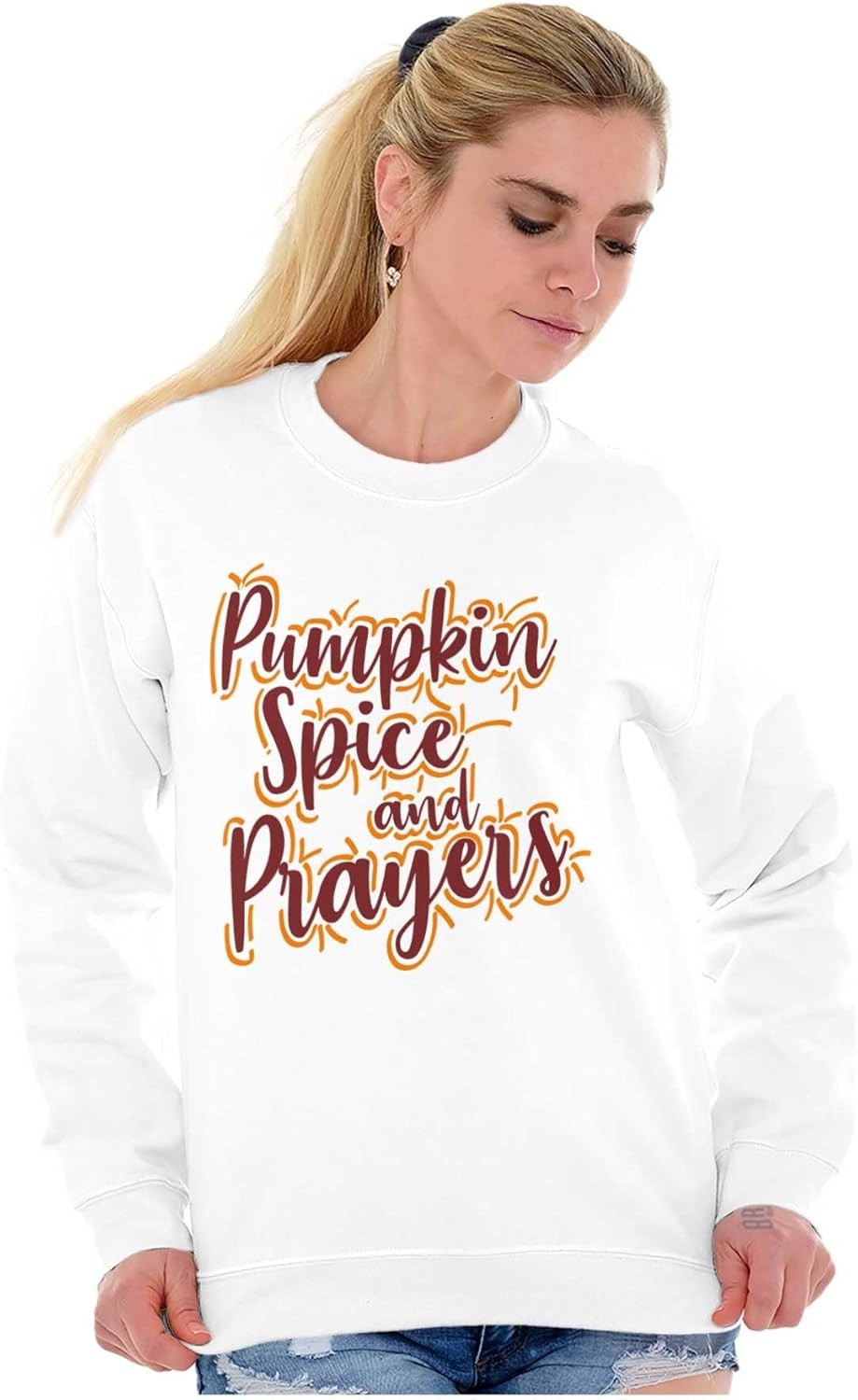 image:imageBrisco Brands Cute Fall Pumpkin Spice and Prayers Women Crewneck SweatshirtWhite