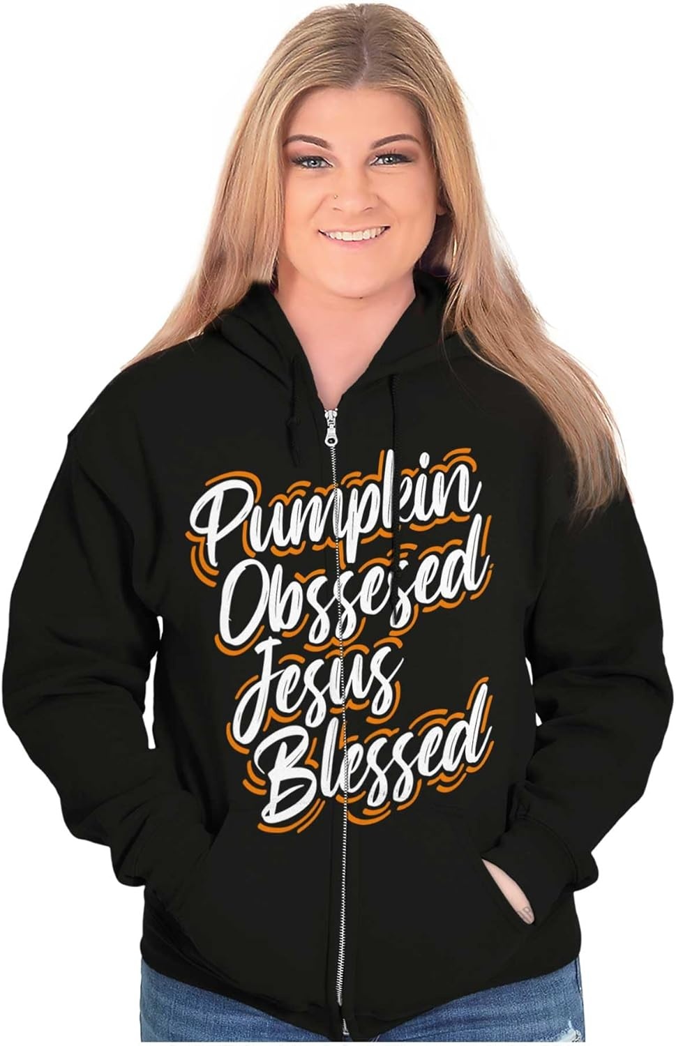 image:imageBrisco Brands Fall Pumpkin Obsessed Jesus Blessed Zip Hoodie Sweatshirt Women