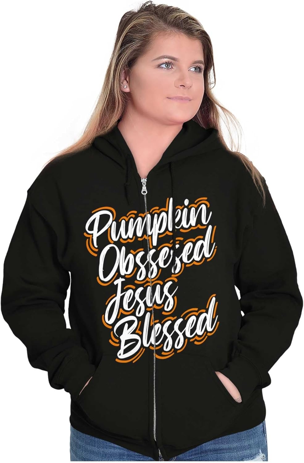 image:imageBrisco Brands Fall Pumpkin Obsessed Jesus Blessed Zip Hoodie Sweatshirt Women