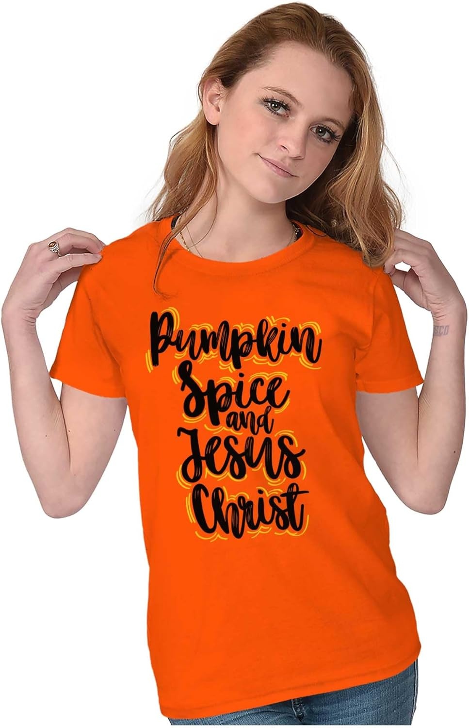 image:imageFall Pumpkin Spice and Jesus Christ Womens Slim Fit Graphic TeeOrange