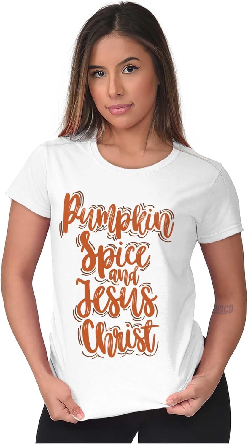 image:imageFall Pumpkin Spice and Jesus Christ Womens Slim Fit Graphic TeeWhite