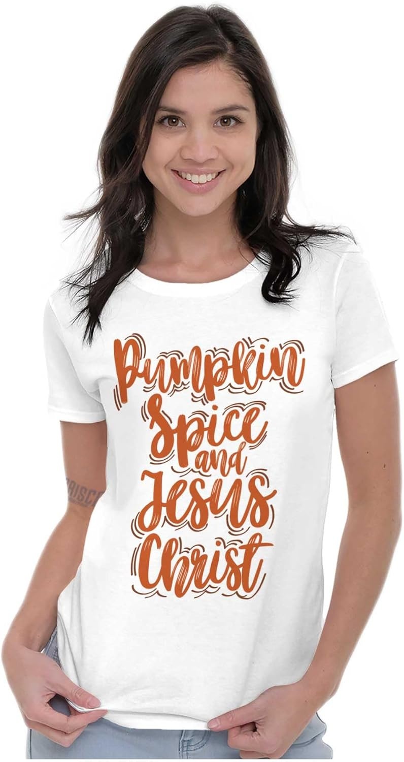 image:imageFall Pumpkin Spice and Jesus Christ Womens Slim Fit Graphic TeeWhite
