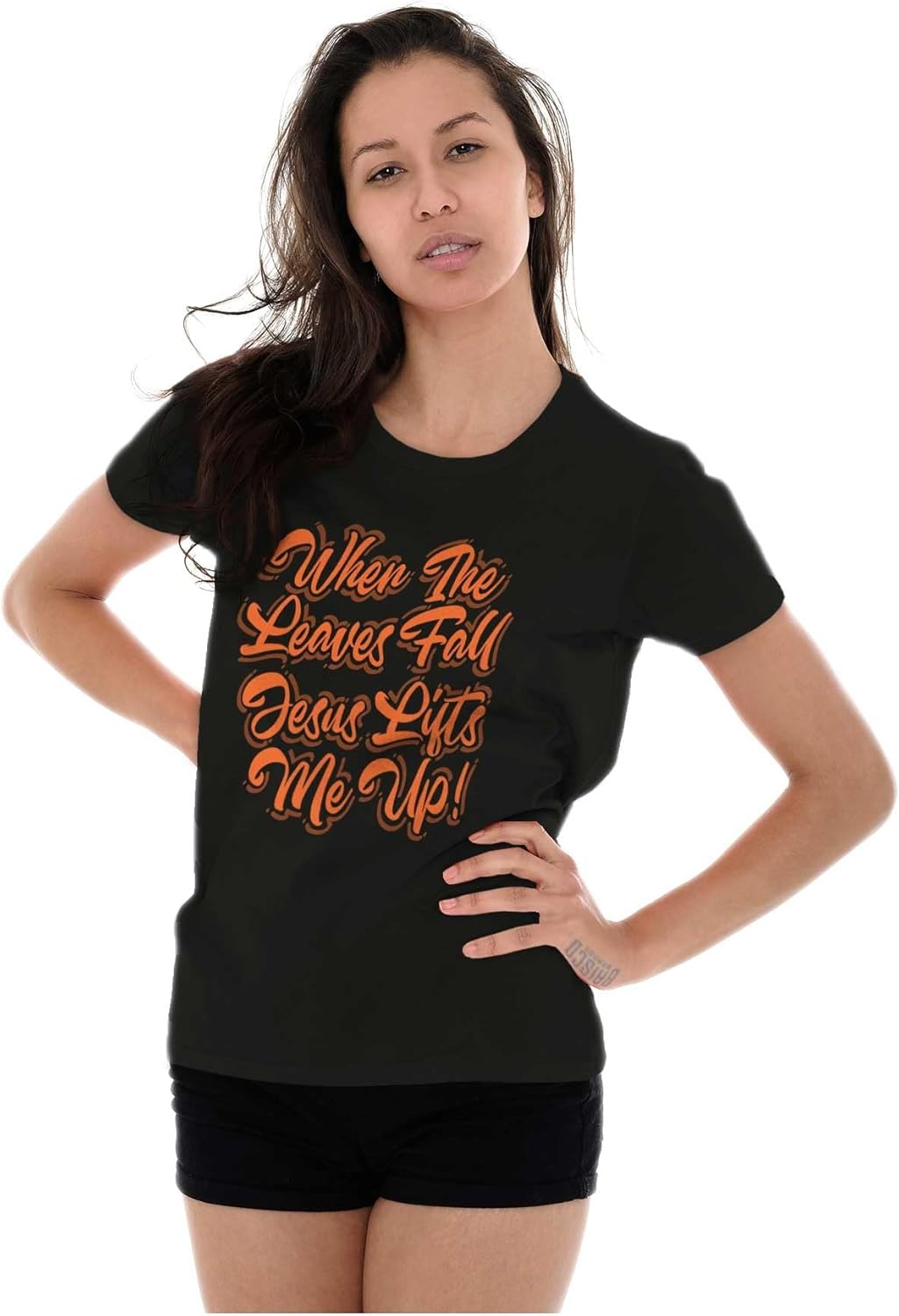 image:imageWhen The Leaves Fall Jesus Lifts Me Womens Slim Fit Graphic TeeBlack