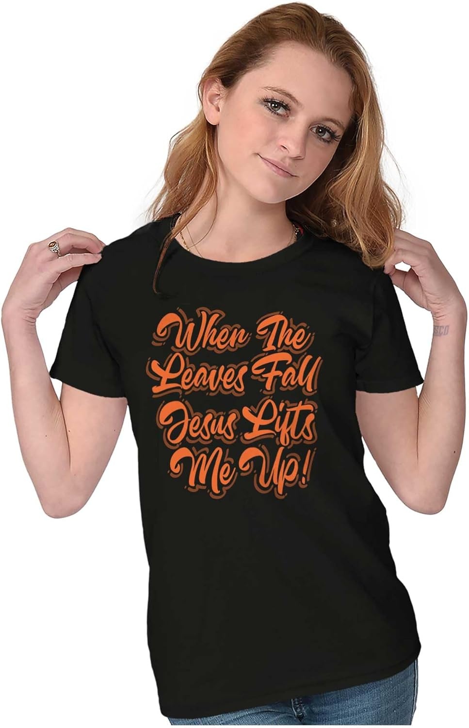 image:imageWhen The Leaves Fall Jesus Lifts Me Womens Slim Fit Graphic TeeBlack