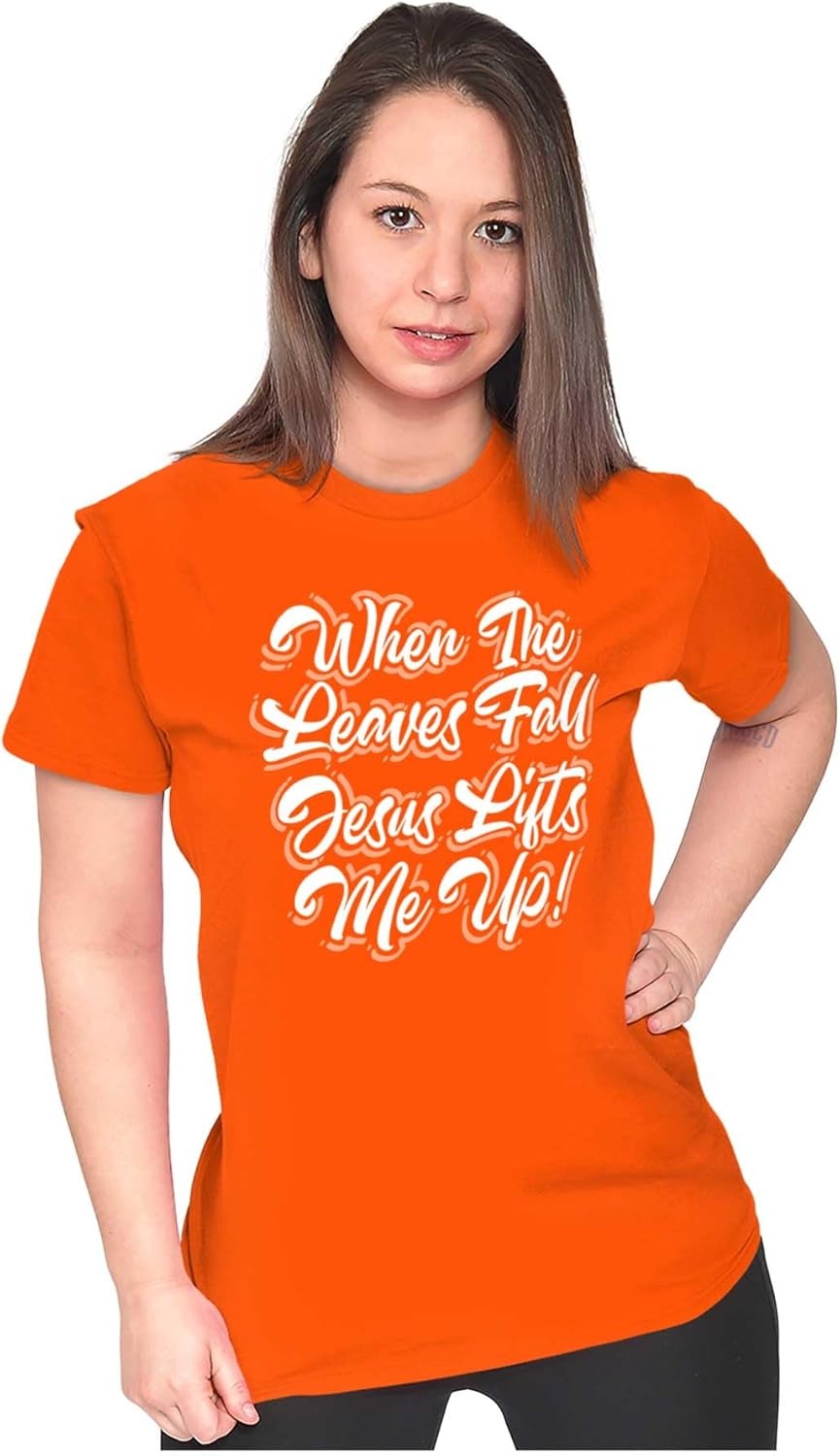 image:imageWhen The Leaves Fall Jesus Lifts Me Womens Slim Fit Graphic TeeOrange