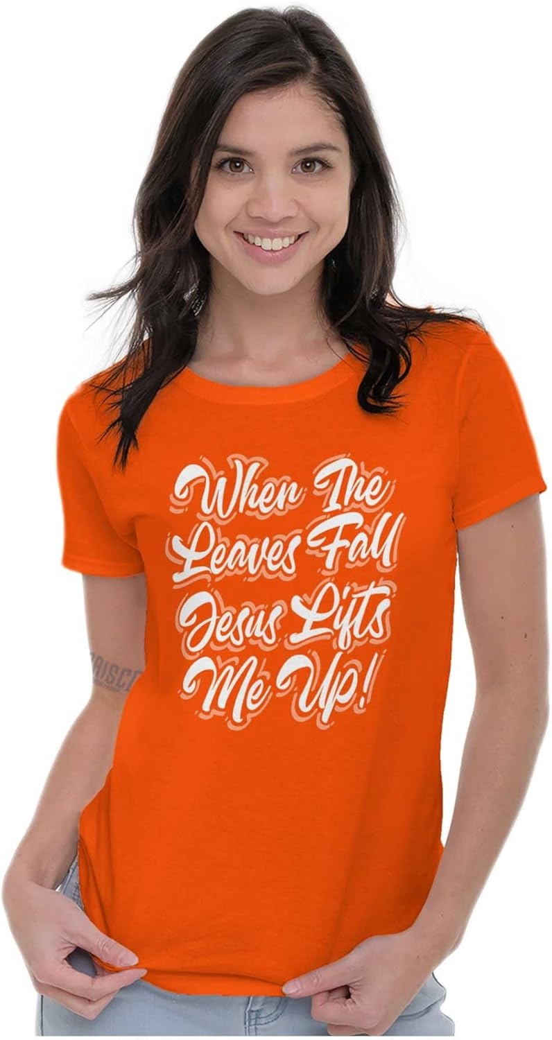 image:imageWhen The Leaves Fall Jesus Lifts Me Womens Slim Fit Graphic TeeOrange