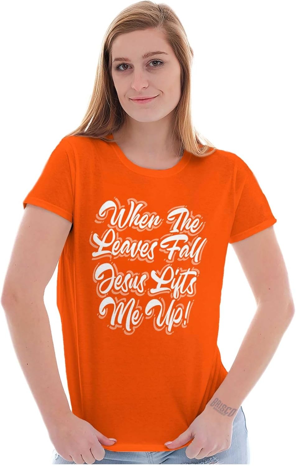 image:imageWhen The Leaves Fall Jesus Lifts Me Womens Slim Fit Graphic TeeOrange