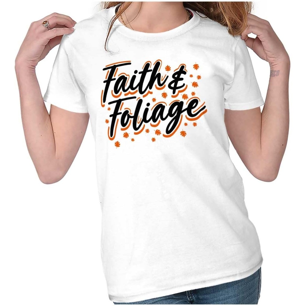 image:imageBrisco Brands Cute Fall Autumn Faith and Foliage Womens Slim Fit Graphic TeeWhite