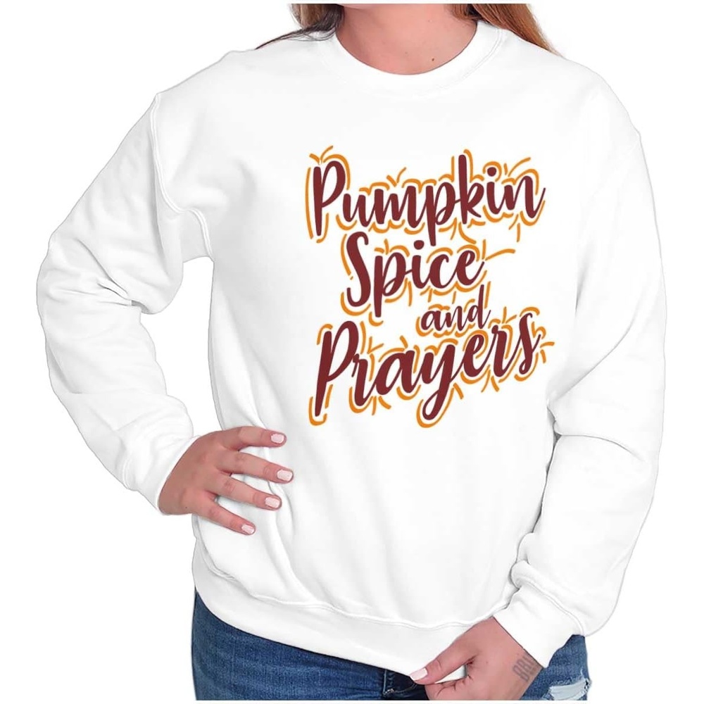 image:imageBrisco Brands Cute Fall Pumpkin Spice and Prayers Women Crewneck SweatshirtWhite