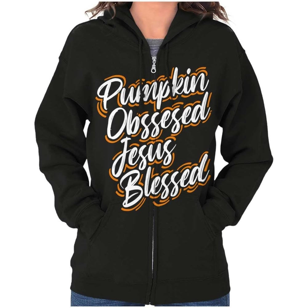 image:imageBrisco Brands Fall Pumpkin Obsessed Jesus Blessed Zip Hoodie Sweatshirt Women