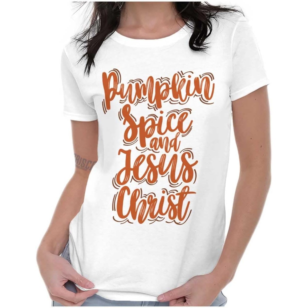 image:imageFall Pumpkin Spice and Jesus Christ Womens Slim Fit Graphic TeeWhite