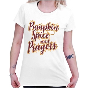 Cute Fall Pumpkin Spice and Prayers Womens Slim Fit Graphic Tee(White)