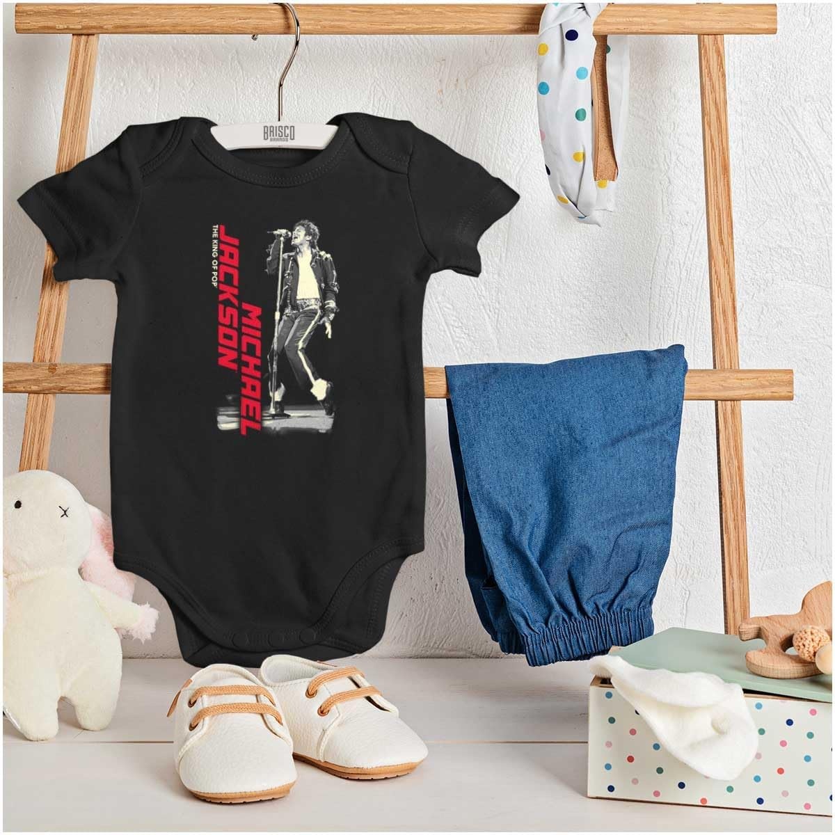 image:imageBrisco Brands Michael Jackson King of Pop Toe Stand Baby Romper Boys or GirlsBlack