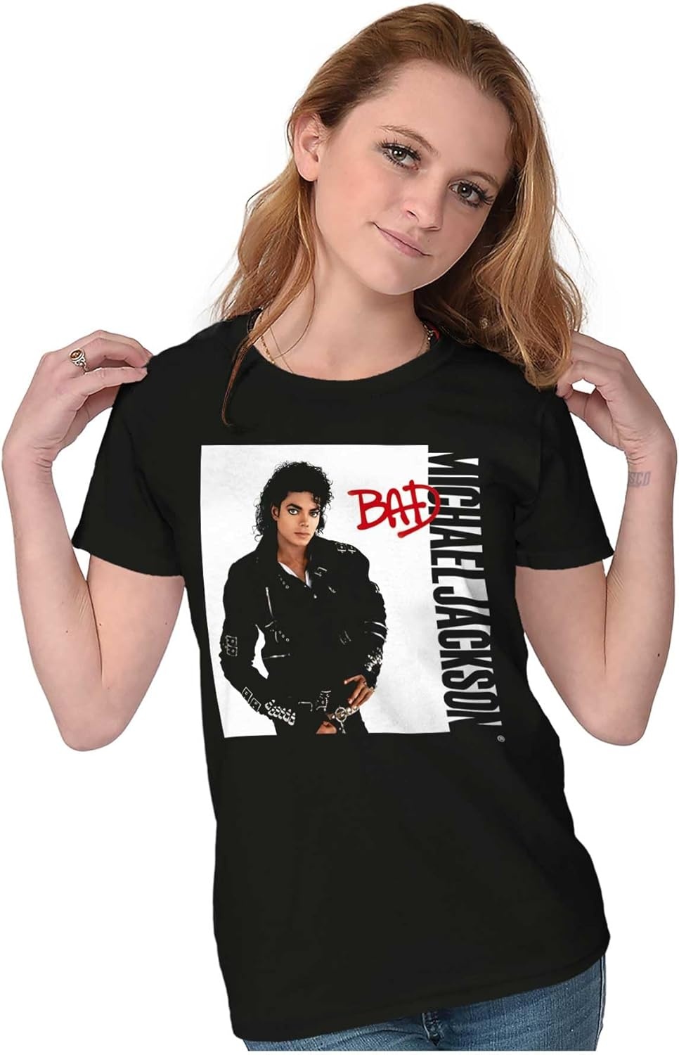 image:imageMichael Jackson Bad Album Cover Womens Slim Fit Graphic TeeBlack