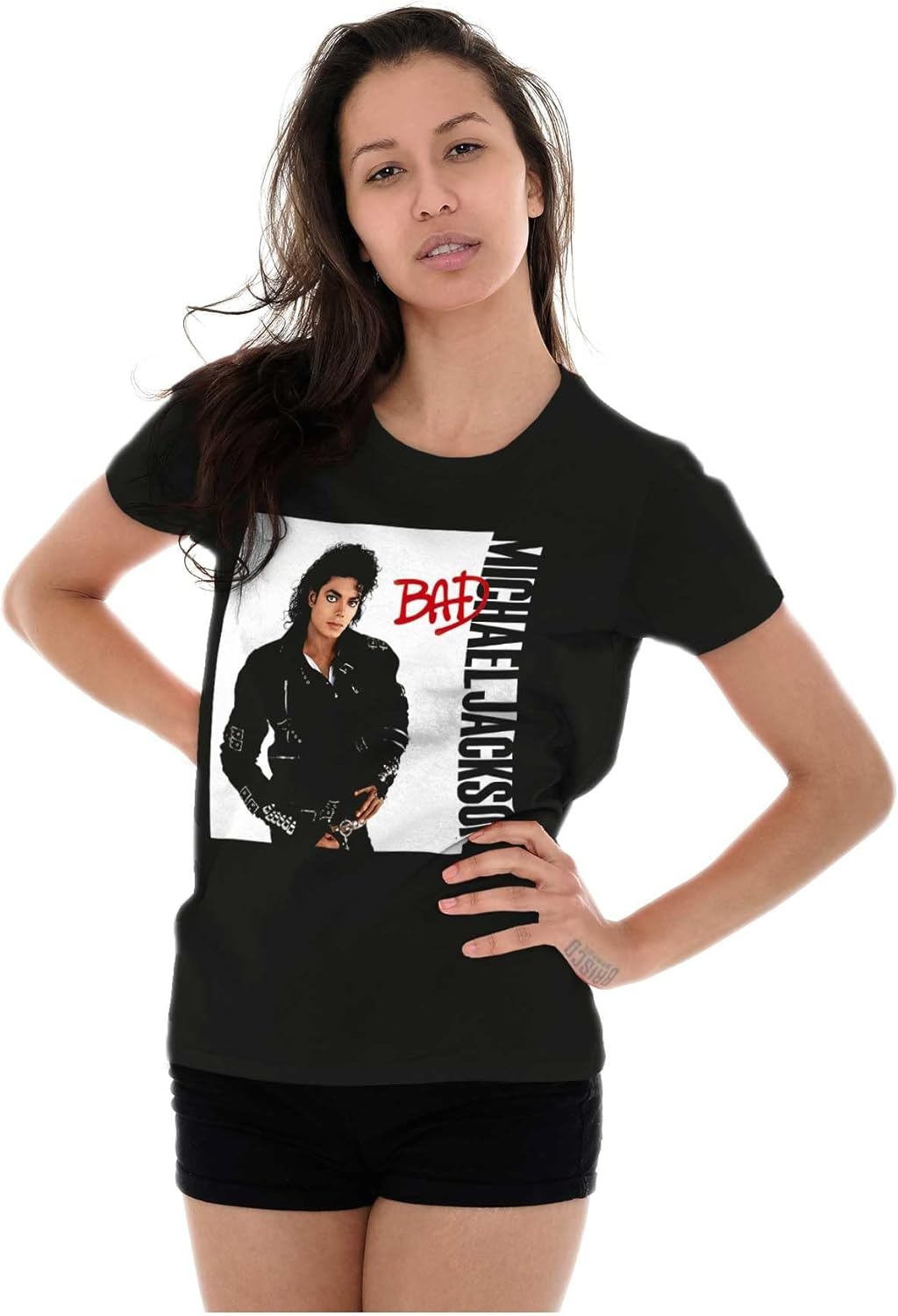 image:imageMichael Jackson Bad Album Cover Womens Slim Fit Graphic TeeBlack