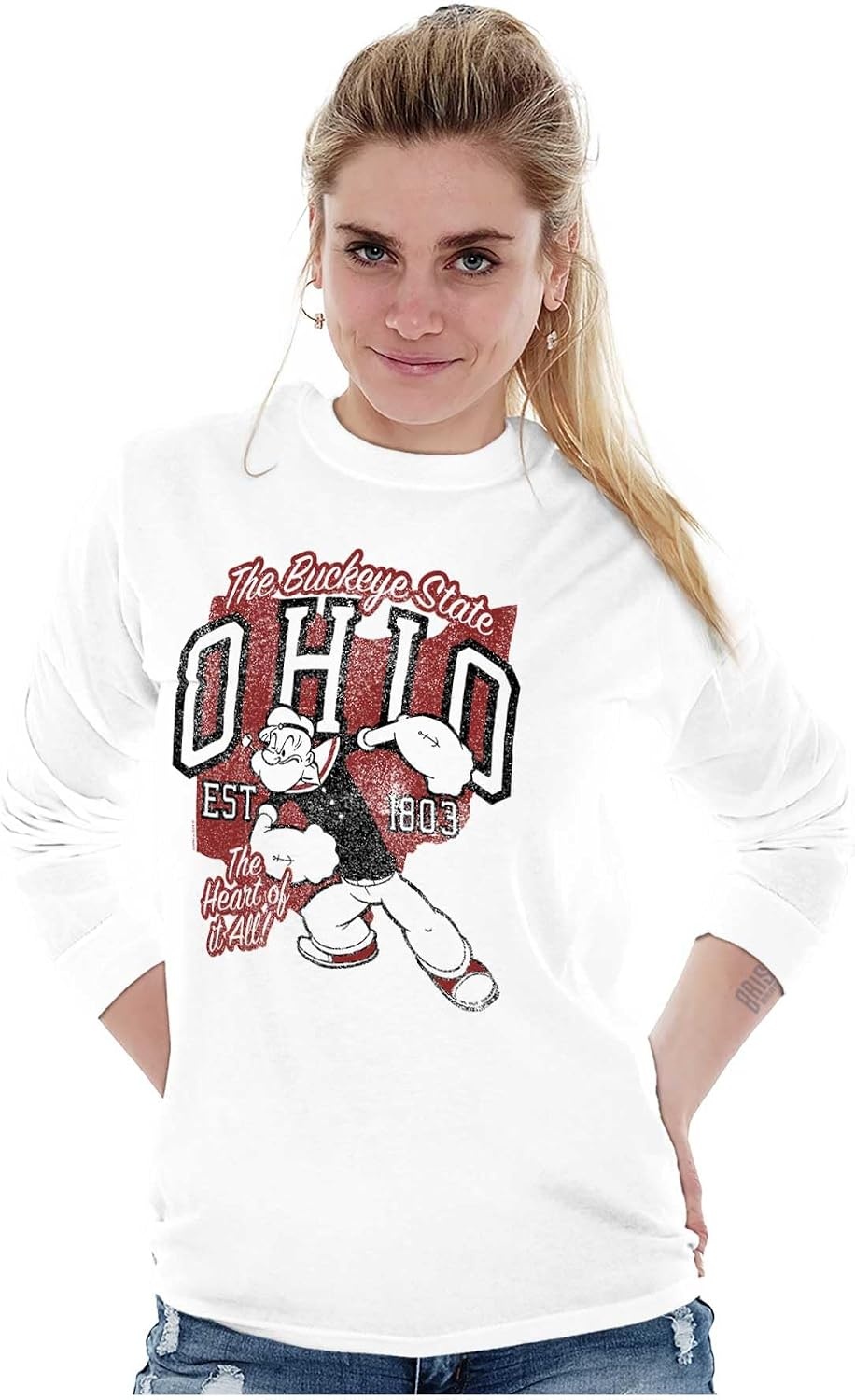 image:imageBrisco Brands Popeye Cartoon American States Long Sleeve Tshirt Men WomenOhio White