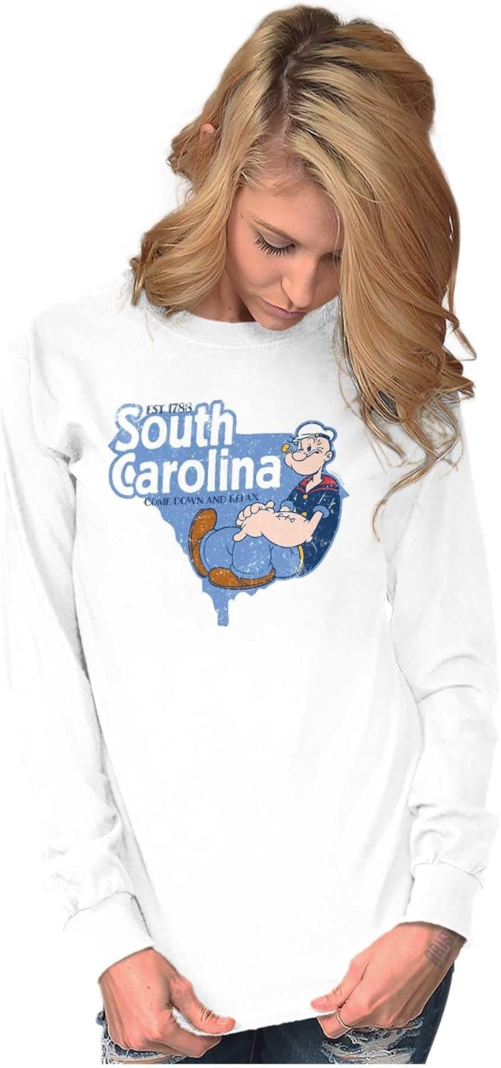 image:imageBrisco Brands Popeye Cartoon American States Long Sleeve Tshirt Men WomenSouth Carolina White