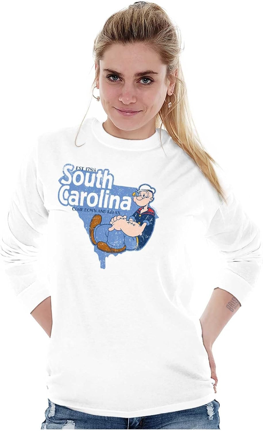 image:imageBrisco Brands Popeye Cartoon American States Long Sleeve Tshirt Men WomenSouth Carolina White