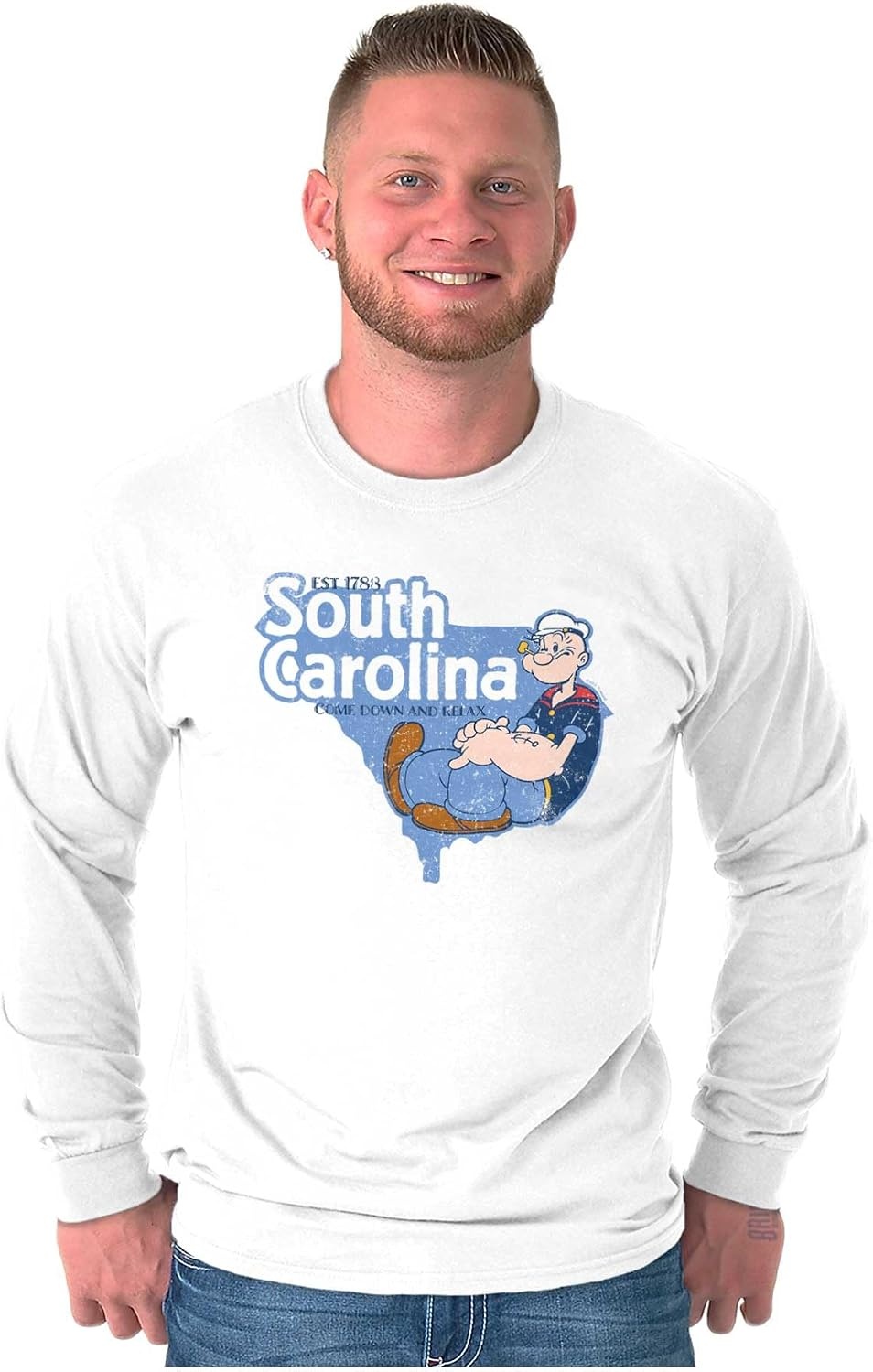 image:imageBrisco Brands Popeye Cartoon American States Long Sleeve Tshirt Men WomenSouth Carolina White