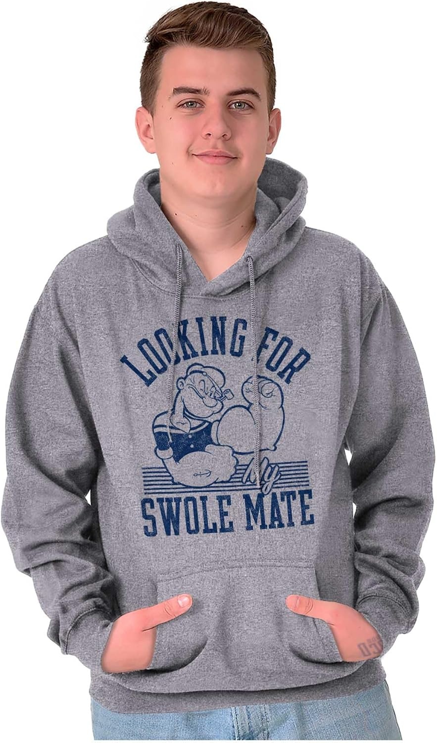 image:imageBrisco Brands Popeye Looking For a Swole Mate Gym Hoodie Sweatshirt Women MenSport Grey