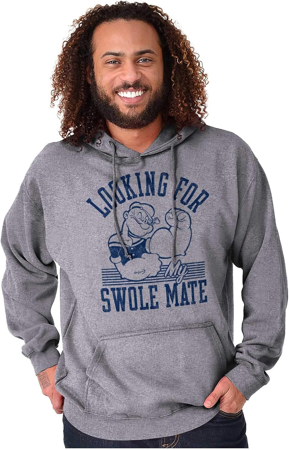 image:imageBrisco Brands Popeye Looking For a Swole Mate Gym Hoodie Sweatshirt Women MenSport Grey