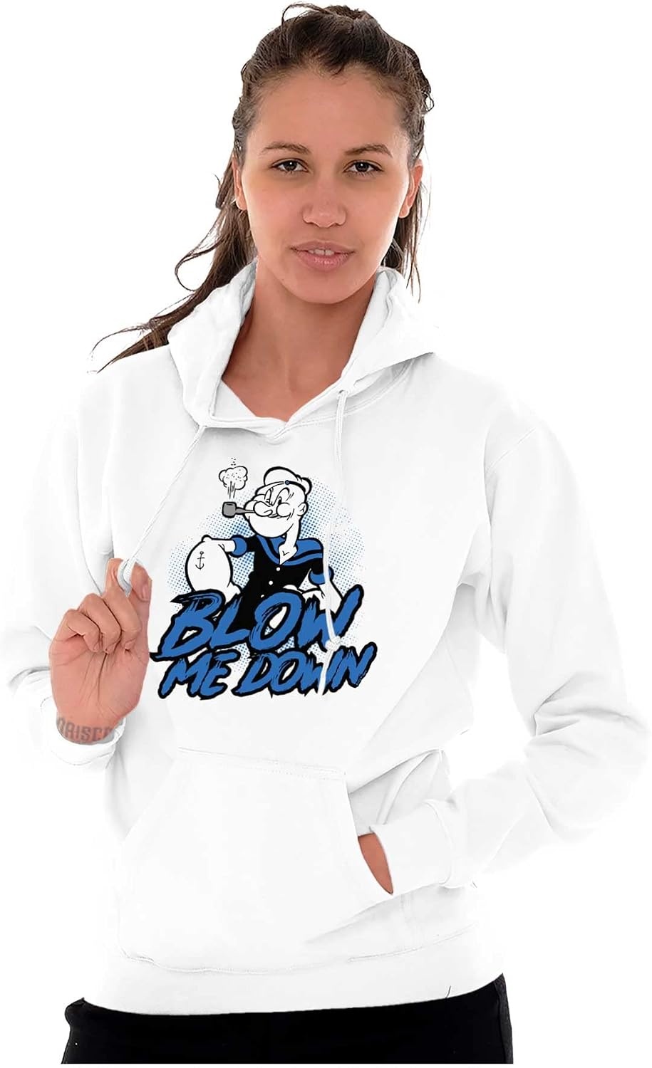 image:imageBrisco Brands Popeye The Sailor Man Blow Me Down Hoodie Sweatshirt Women MenWhite