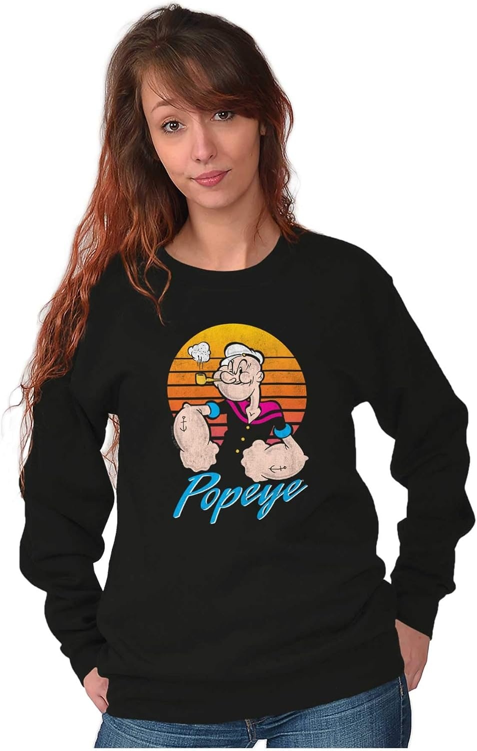image:imageBrisco Brands Popeye The Sailor Man Retro Sunset Sweatshirt for Men or WomenBlack