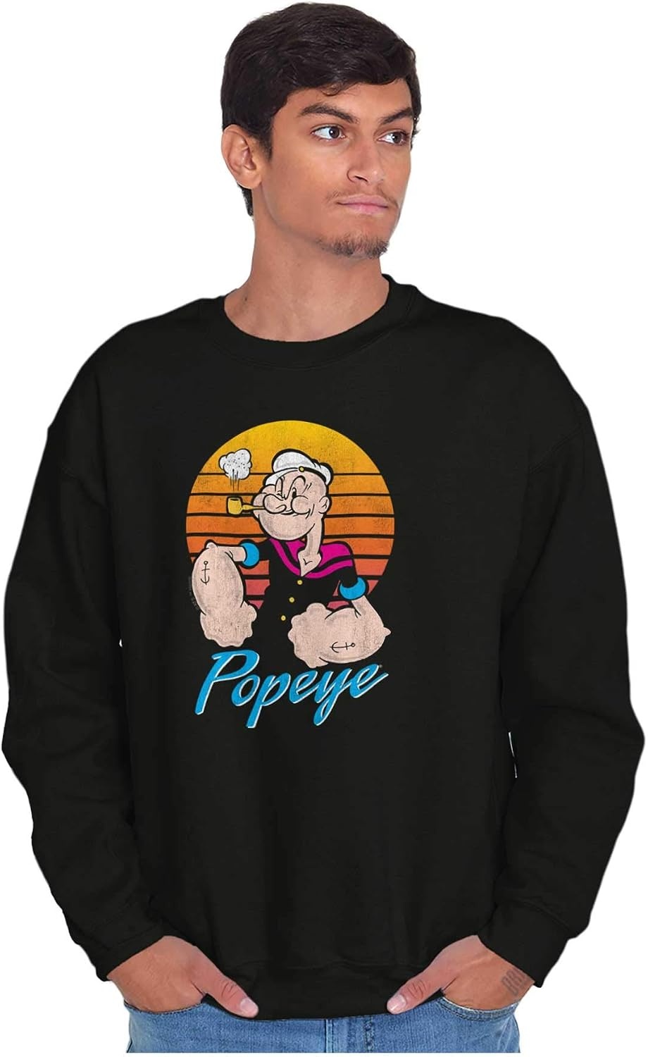 image:imageBrisco Brands Popeye The Sailor Man Retro Sunset Sweatshirt for Men or WomenBlack