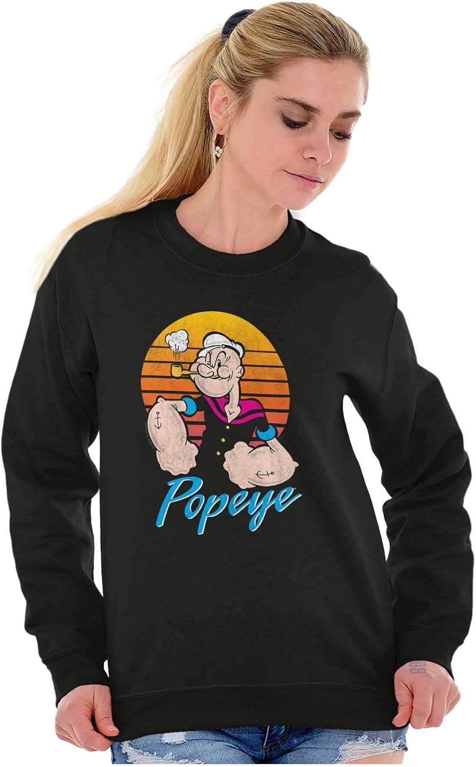 image:imageBrisco Brands Popeye The Sailor Man Retro Sunset Sweatshirt for Men or WomenBlack