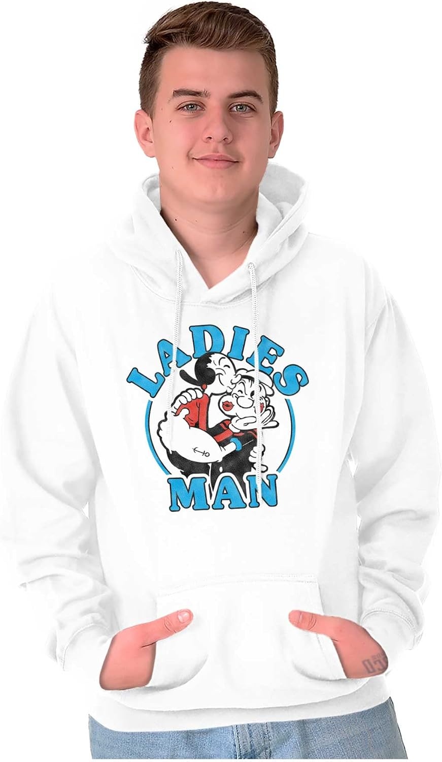 image:imageBrisco Brands Popeye and Olive Oyl Ladies Man Funny Hoodie Hooded Sweatshirt MenWhite