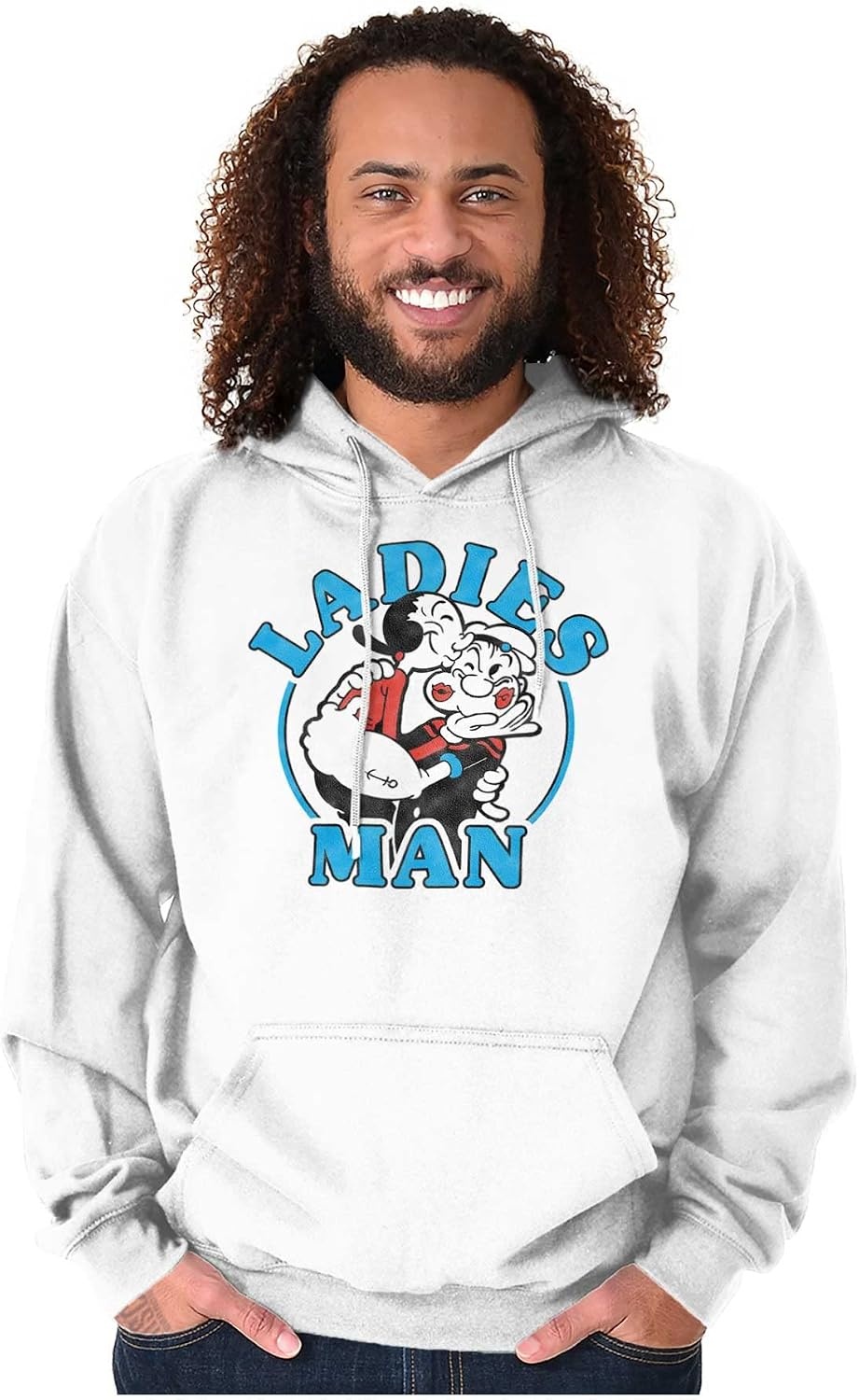 image:imageBrisco Brands Popeye and Olive Oyl Ladies Man Funny Hoodie Hooded Sweatshirt MenWhite