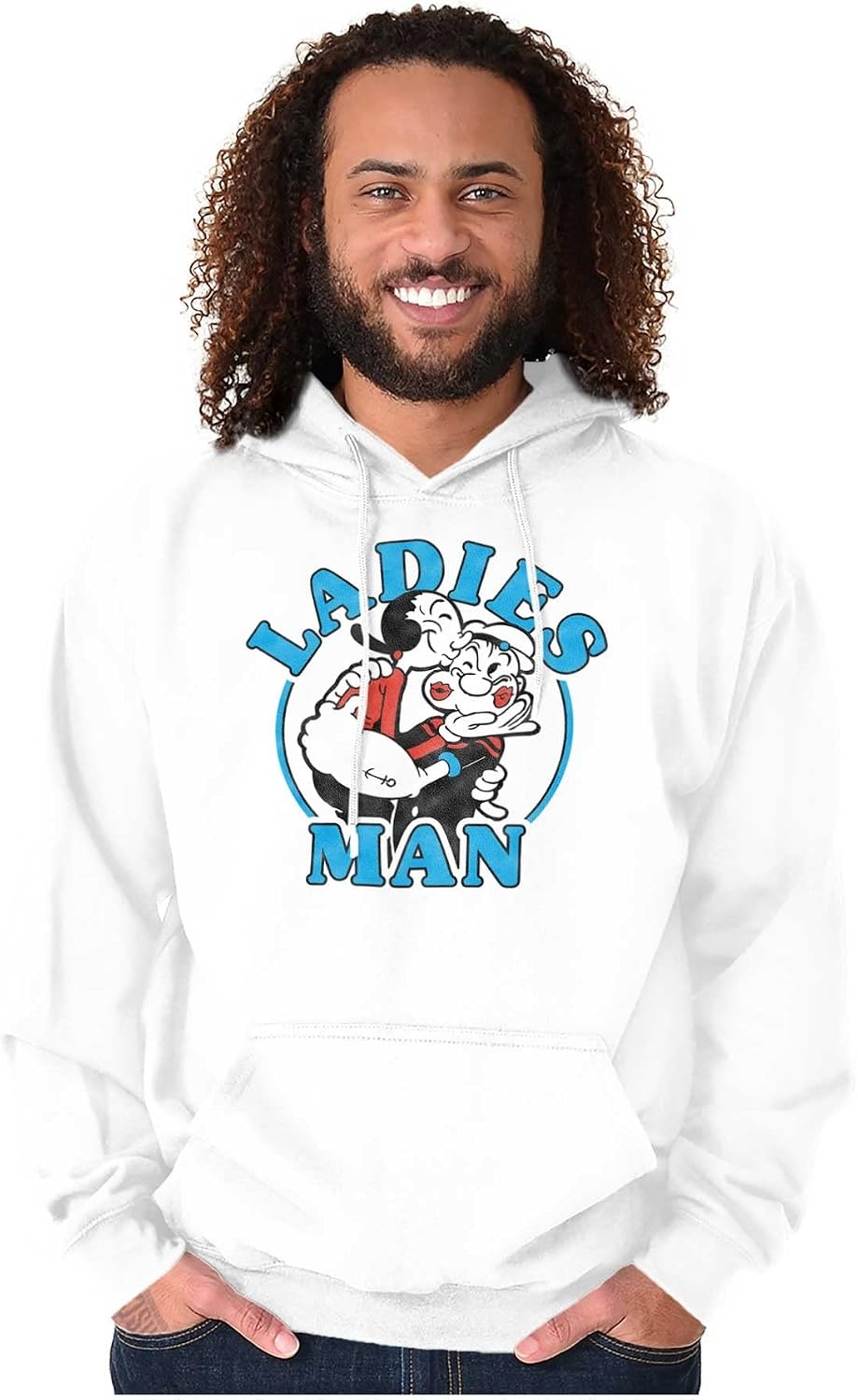 image:imageBrisco Brands Popeye and Olive Oyl Ladies Man Funny Hoodie Hooded Sweatshirt MenWhite