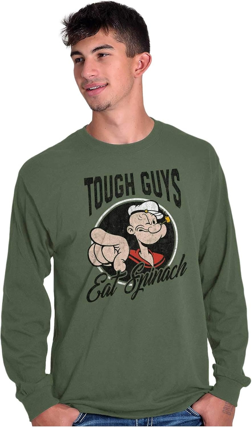 image:imagePopeye Tough Guys Eat Spinach Funny Mens Long Sleeve Tee T ShirtMilitary Green