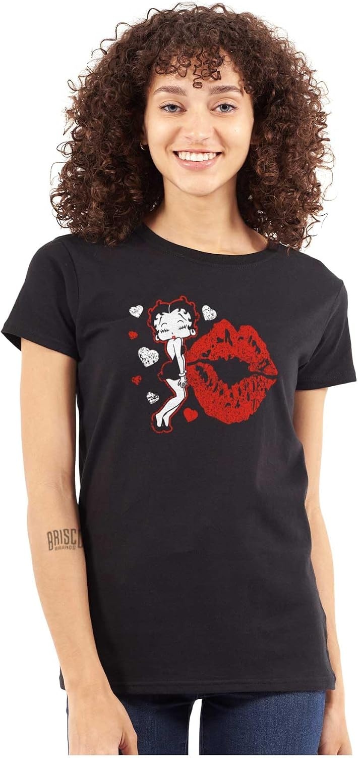 image:imageBetty Boop Blowing Kisses Lips Hearts Womens Slim Fit Graphic TeeBlack