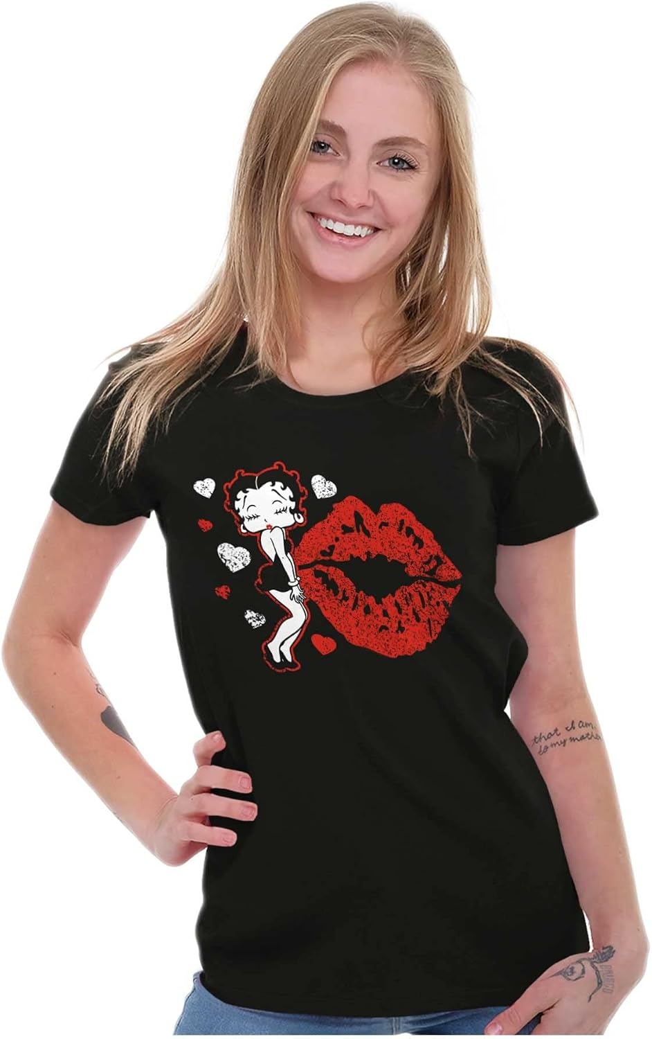 image:imageBetty Boop Blowing Kisses Lips Hearts Womens Slim Fit Graphic TeeBlack