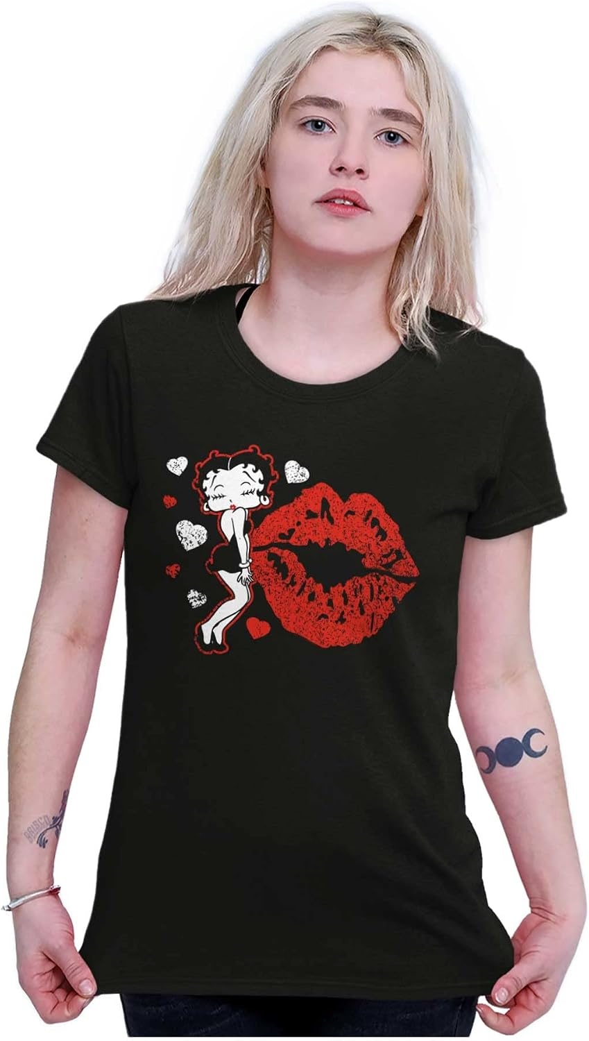image:imageBetty Boop Blowing Kisses Lips Hearts Womens Slim Fit Graphic TeeBlack