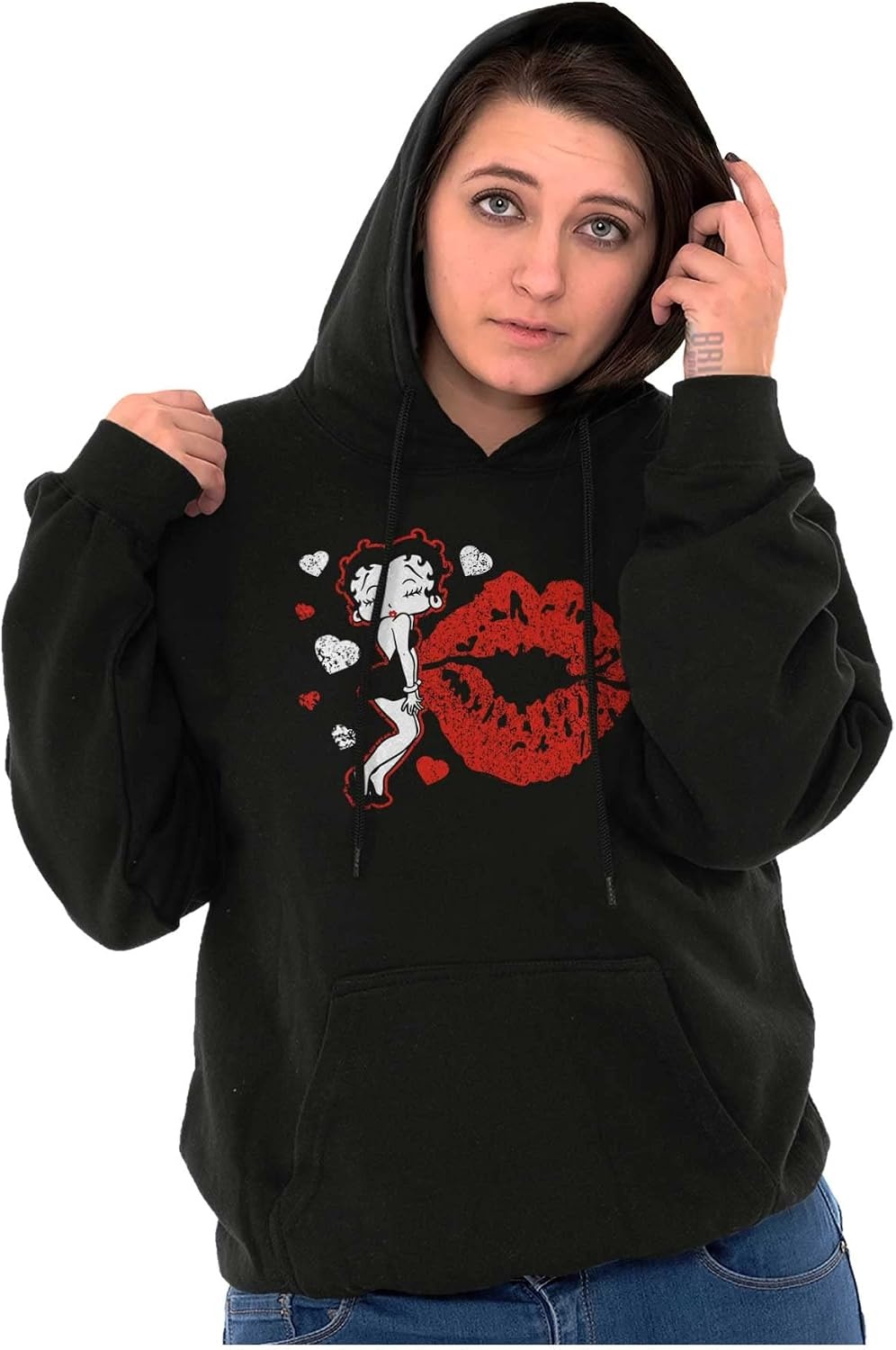 image:imageBrisco Brands Betty Boop Blowing Kisses Lips Hearts Hoodie Sweatshirt WomenBlack
