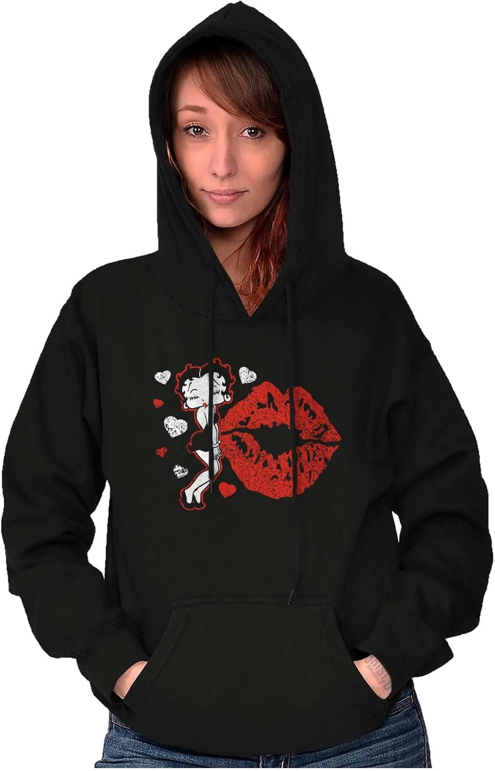 image:imageBrisco Brands Betty Boop Blowing Kisses Lips Hearts Hoodie Sweatshirt WomenBlack