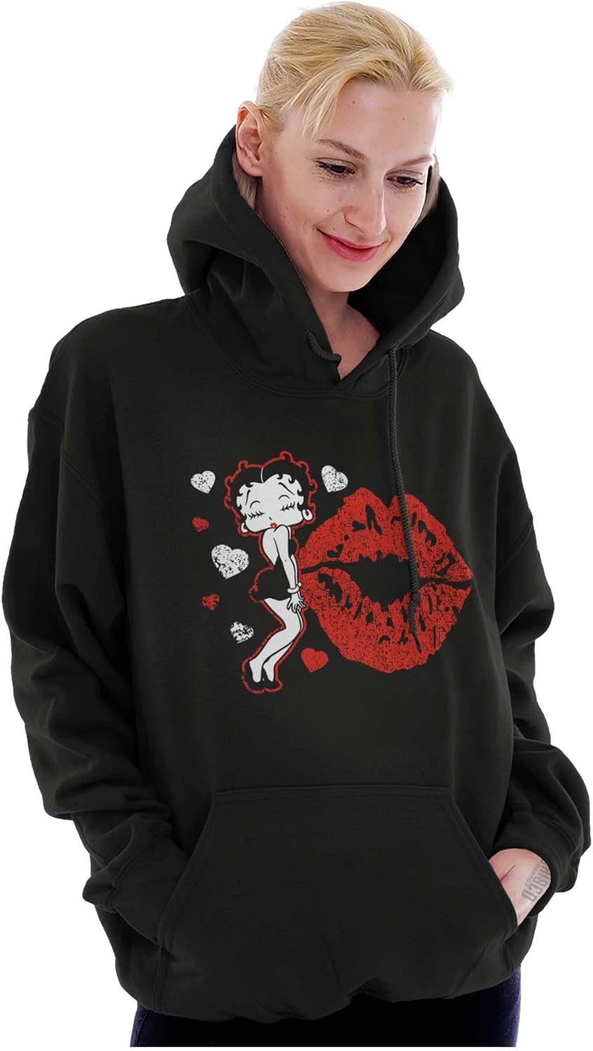image:imageBrisco Brands Betty Boop Blowing Kisses Lips Hearts Hoodie Sweatshirt WomenBlack