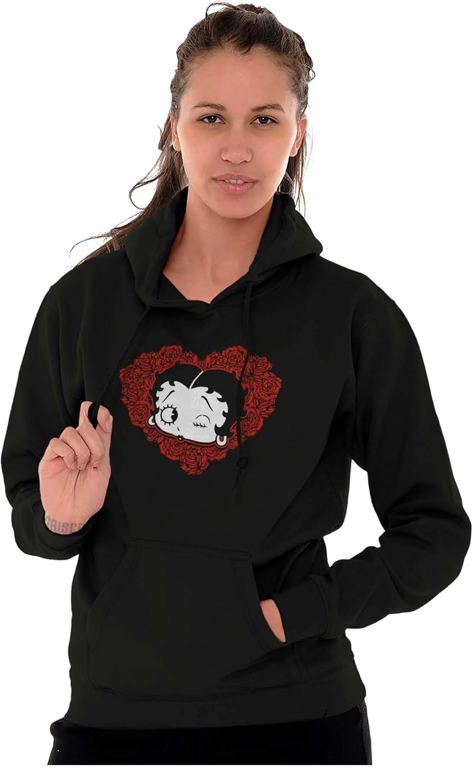 image:imageBrisco Brands Betty Boop Heart Wink Blowing Kisses Hoodie Sweatshirt WomenBlack