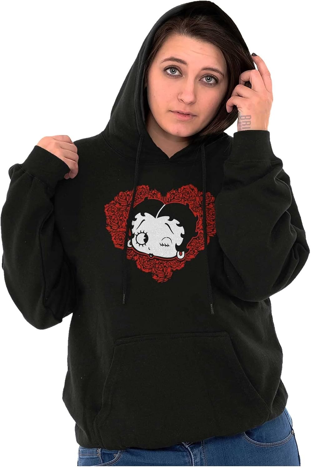 image:imageBrisco Brands Betty Boop Heart Wink Blowing Kisses Hoodie Sweatshirt WomenBlack