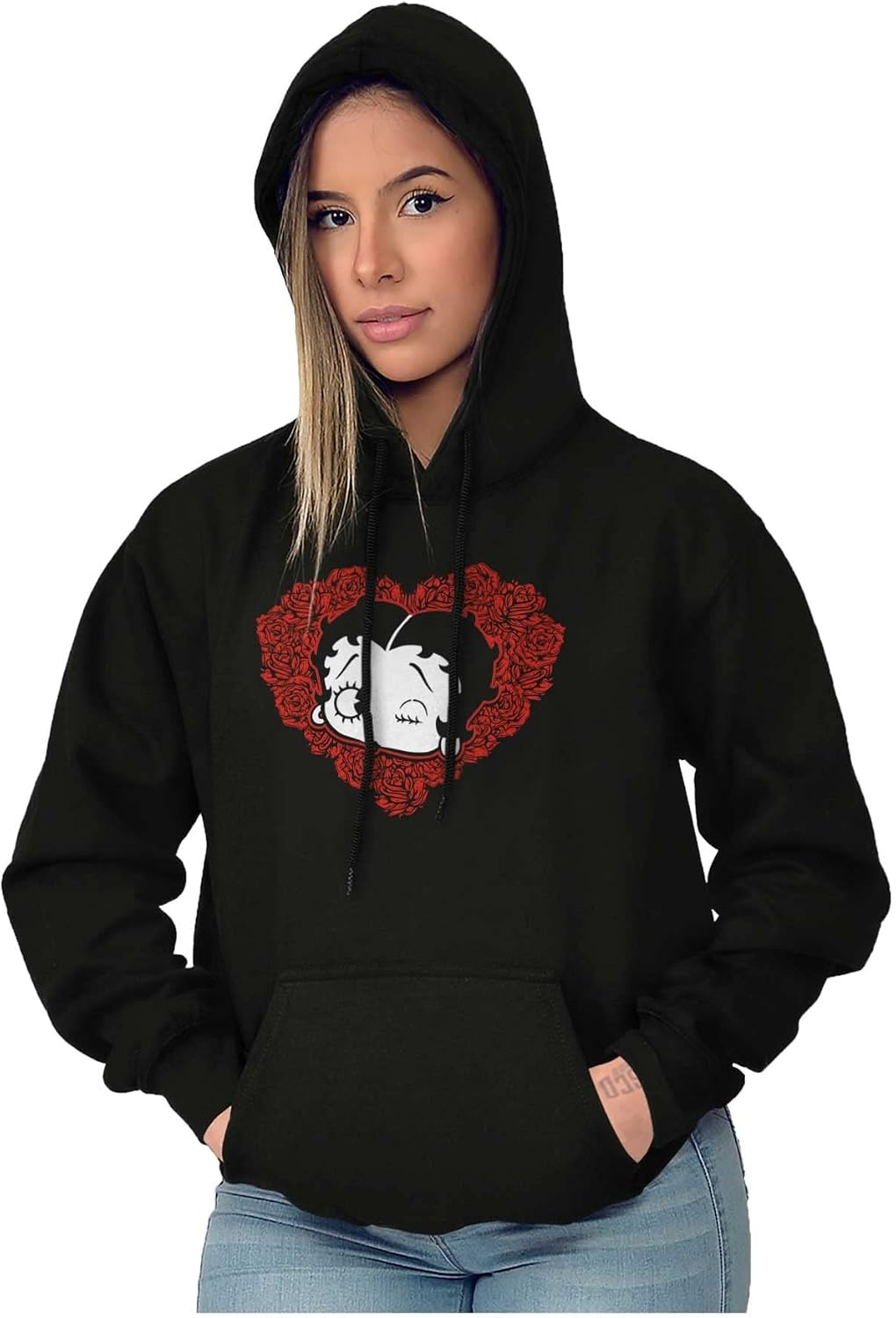 image:imageBrisco Brands Betty Boop Heart Wink Blowing Kisses Hoodie Sweatshirt WomenBlack