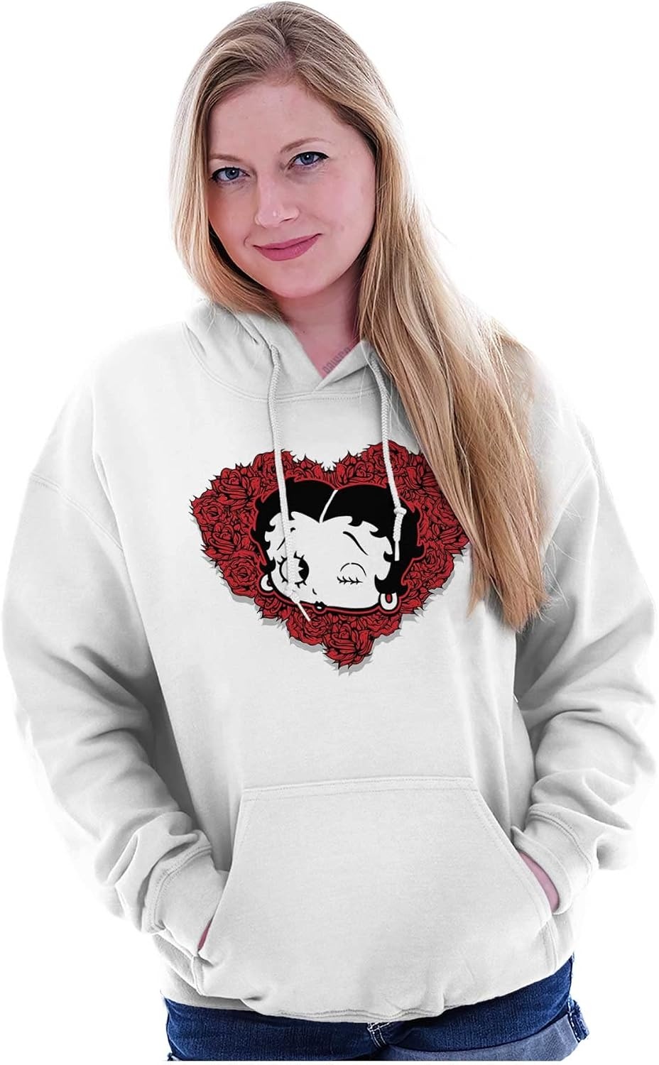 image:imageBrisco Brands Betty Boop Heart Wink Blowing Kisses Hoodie Sweatshirt WomenWhite