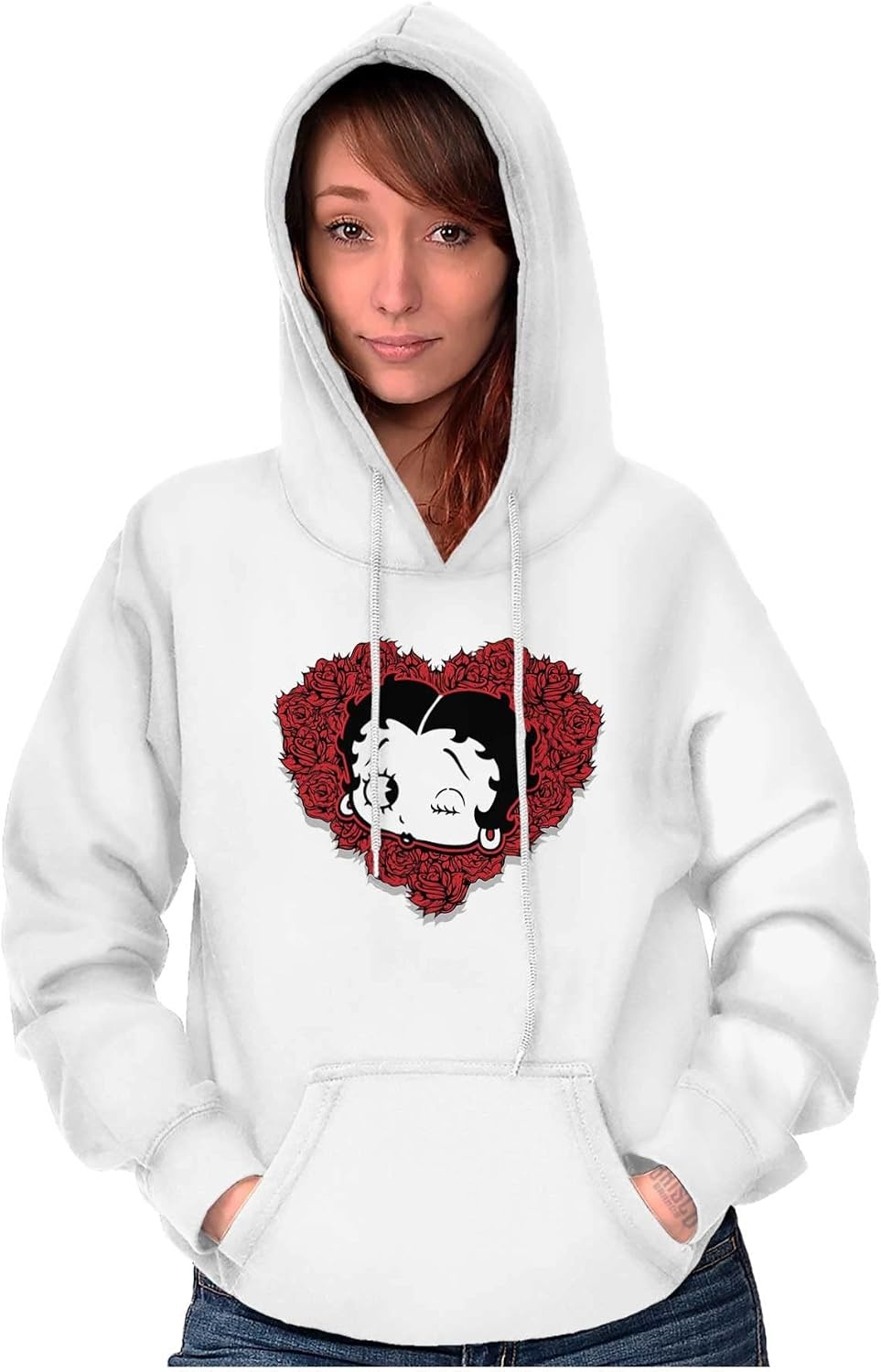 image:imageBrisco Brands Betty Boop Heart Wink Blowing Kisses Hoodie Sweatshirt WomenWhite