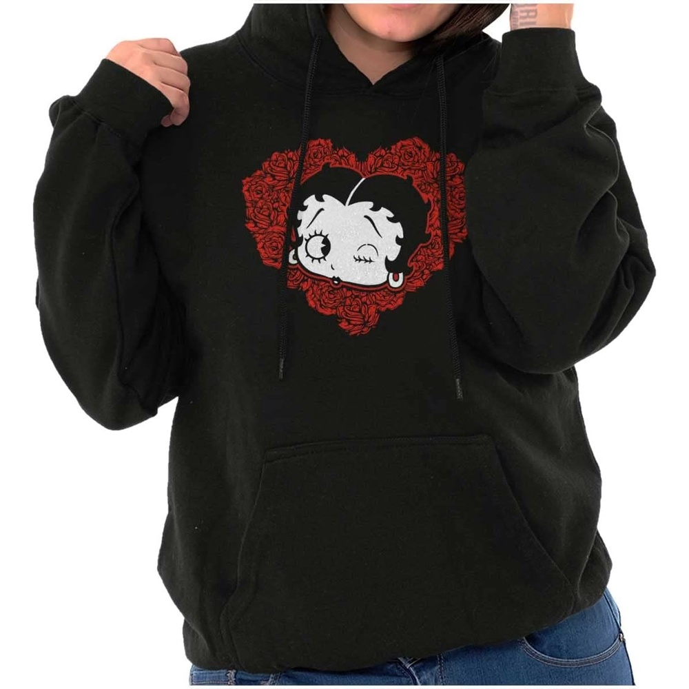 image:imageBrisco Brands Betty Boop Heart Wink Blowing Kisses Hoodie Sweatshirt WomenBlack