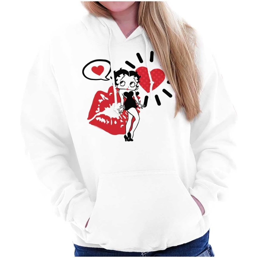 image:imageBrisco Brands Betty Boop Heart and Lipstick Stain Hoodie Sweatshirt WomenWhite